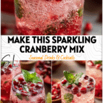 Closeup of cranberry and pomegranate mocktail served in a clear glass with mint and bubbles